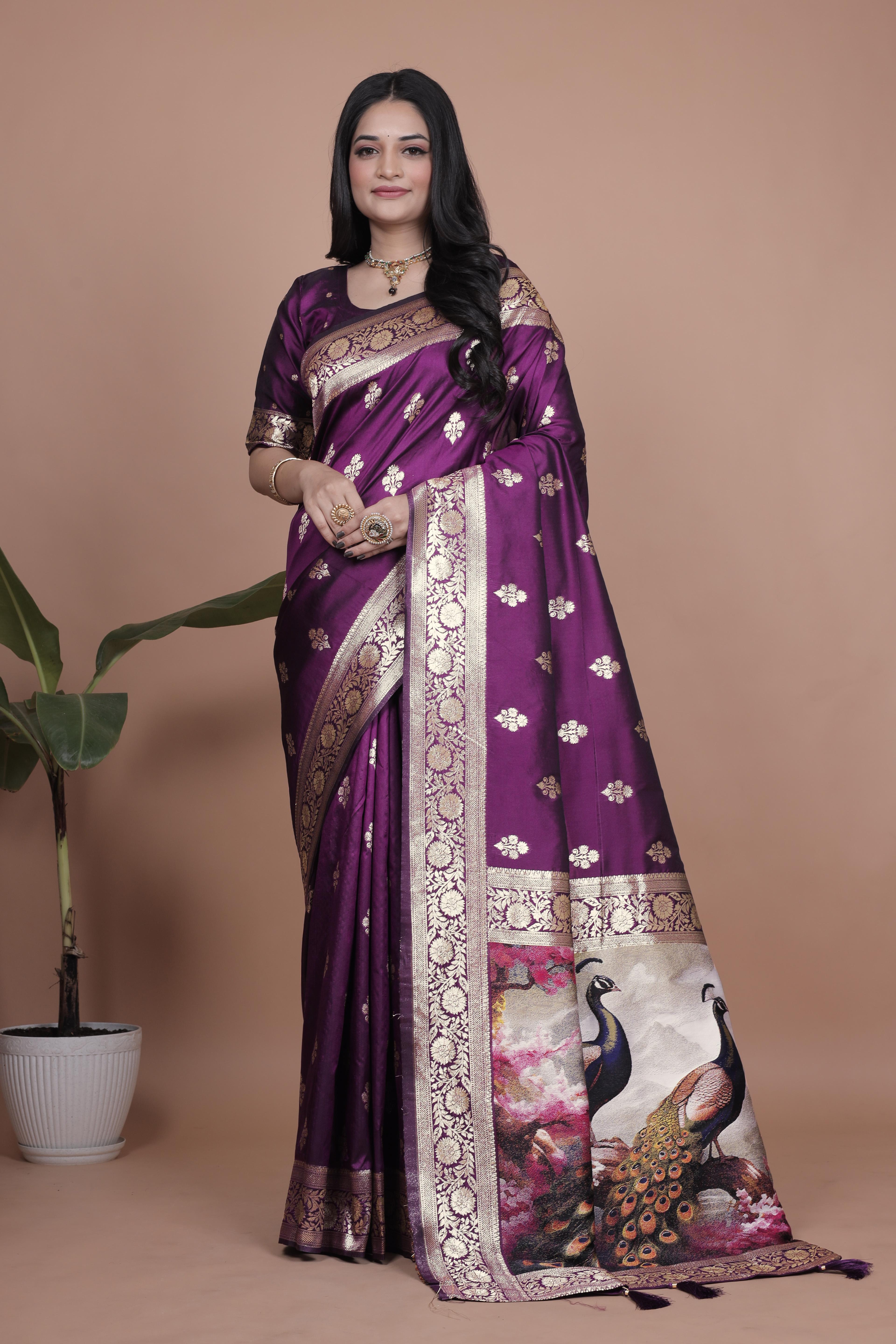 Royal Purple Banarasi Silk Saree with Peacock Pallu Design