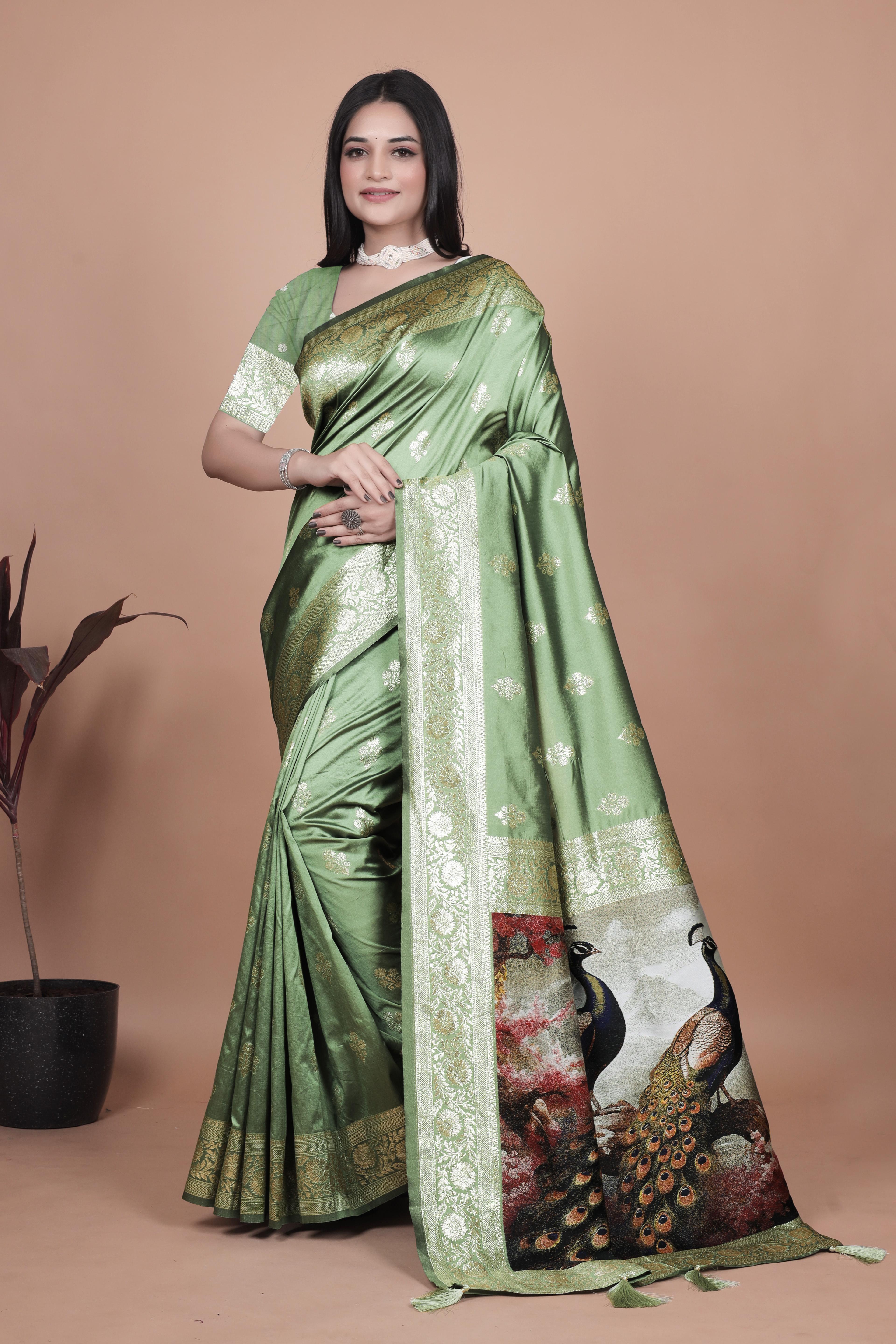 Elegant Sage Green Banarasi Silk Saree with Majestic Peacock Pallu