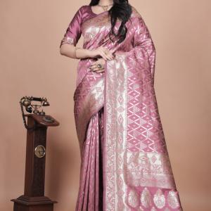 Mauve Banarasi Silk Saree with Silver Geometric & Floral Zari Embroidery