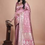 Mauve Banarasi Silk Saree with Silver Geometric & Floral Zari Embroidery