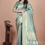 Pastel Green Banarasi Silk Saree with Golden Zari Geometric & Floral Weaves