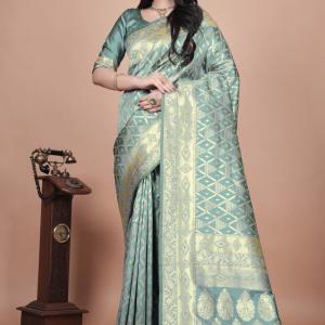 Pastel Green Banarasi Silk Saree with Golden Zari Geometric & Floral Weaves