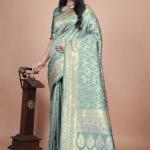 Pastel Green Banarasi Silk Saree with Golden Zari Geometric & Floral Weaves