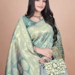 Pastel Green Banarasi Silk Saree with Golden Zari Geometric & Floral Weaves