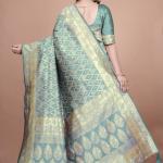 Pastel Green Banarasi Silk Saree with Golden Zari Geometric & Floral Weaves