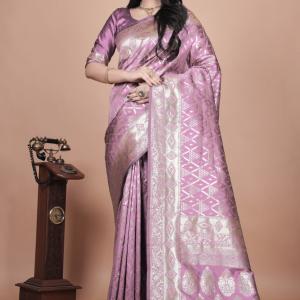 Lavender Banarasi Silk Saree with Silver Zari Geometric and Floral Design