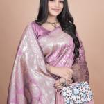 Lavender Banarasi Silk Saree with Silver Zari Geometric and Floral Design