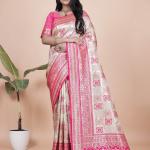 Cream and Pink Banarasi Silk Saree with Rich Silver Zari Weaving
