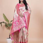 Cream and Pink Banarasi Silk Saree with Rich Silver Zari Weaving