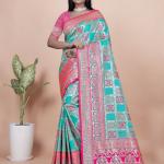 Aqua Blue and Pink Banarasi Silk Saree with Silver Zari Weaving
