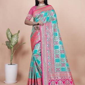 Aqua Blue and Pink Banarasi Silk Saree with Silver Zari Weaving
