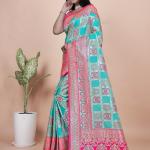 Aqua Blue and Pink Banarasi Silk Saree with Silver Zari Weaving