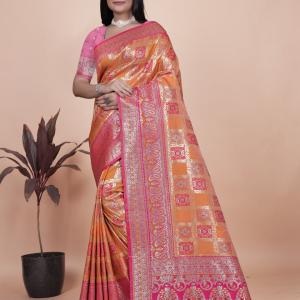 Orange and Pink Banarasi Silk Saree with Silver Zari Work