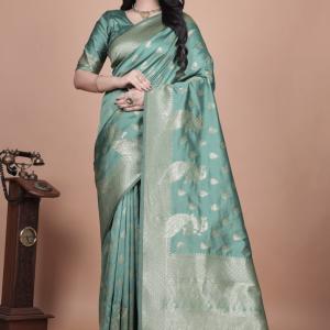 Elegant Mint Green Banarasi Silk Saree with Zari Weaving