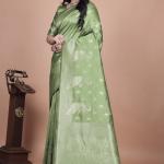 Lime Green Banarasi Silk Saree with Intricate Zari Peacock Motifs
