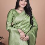 Lime Green Banarasi Silk Saree with Intricate Zari Peacock Motifs