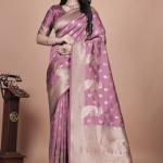 Mauve Purple Banarasi Silk Saree with Gold Zari Peacock Work