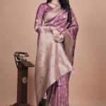 Mauve Purple Banarasi Silk Saree with Gold Zari Peacock Work