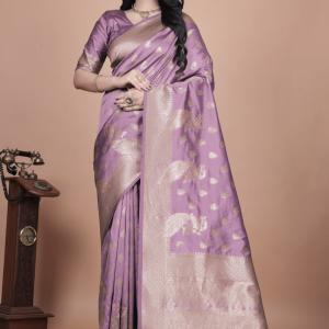 Lavender Banarasi Silk Saree with Golden Zari Weaving
