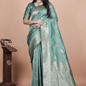 Pastel Teal Banarasi Silk Saree with Gold Zari Butti and Ornate Pallu