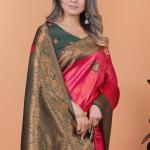 💖🌿 Rose Ruby Banarasi Silk Saree with Antique Zari Weave ✨🌺