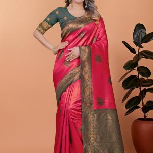 💖🌿 Rose Ruby Banarasi Silk Saree with Antique Zari Weave ✨🌺