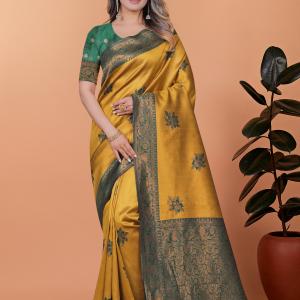 Golden Mustard & Bottle Green Banarasi Silk Saree with Floral Accents ✨🌸