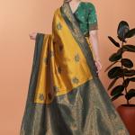 Golden Mustard & Bottle Green Banarasi Silk Saree with Floral Accents ✨🌸