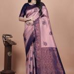 Mauve & Midnight Blue Banarasi Silk Saree with Lotus Motifs 🌺✨