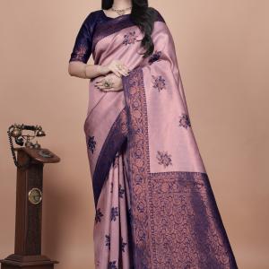 Mauve & Midnight Blue Banarasi Silk Saree with Lotus Motifs 🌺✨