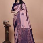 Mauve & Midnight Blue Banarasi Silk Saree with Lotus Motifs 🌺✨