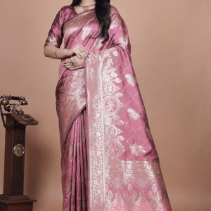 Rose Pink Banarasi Silk Saree with Intricate Silver Zari Weave