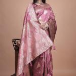 Rose Pink Banarasi Silk Saree with Intricate Silver Zari Weave