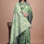 Mint Green Banarasi Silk Saree with Golden Zari Weaving