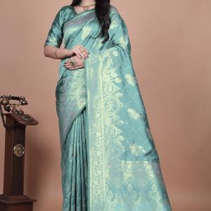Teal Banarasi Silk Saree with Golden Zari Weaving
