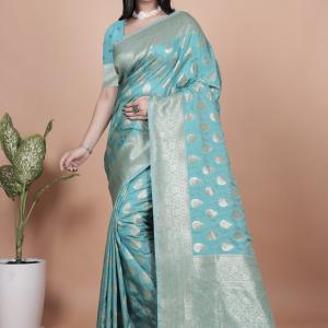 Sky Blue Banarasi Silk Saree with Silver Zari Butti and Ornate Pallu