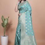 Sky Blue Banarasi Silk Saree with Silver Zari Butti and Ornate Pallu