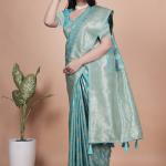 Sky Blue Banarasi Silk Saree with Silver Zari Butti and Ornate Pallu