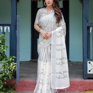 Elegant White Linen Cotton Saree with Black Striped & Arrow Motif