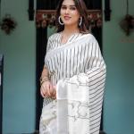 Elegant White Linen Cotton Saree with Black Striped & Arrow Motif