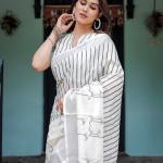 Elegant White Linen Cotton Saree with Black Striped & Arrow Motif