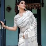 Elegant White Linen Cotton Saree with Black Striped & Arrow Motif