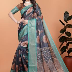 Black Floral Soft Silk Saree with Aqua Green Zari Border