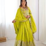 Lime Green Embroidered Mirror Work Lehenga Set