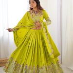 Lime Green Embroidered Mirror Work Lehenga Set