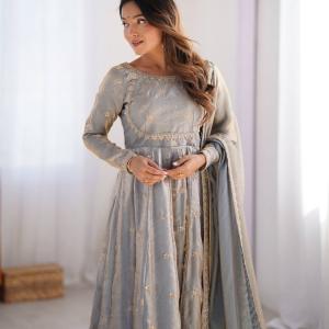 Steel Grey with subtle golden sheen Ethnic Anarkali Suit Set