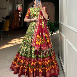 Mehendi Color Patola Print With Foil Work Tussar Silk Lehnga Choli