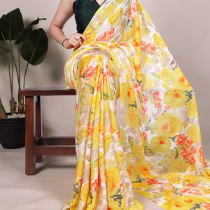 YELLOW Dull Satin Floral Printed SAREE