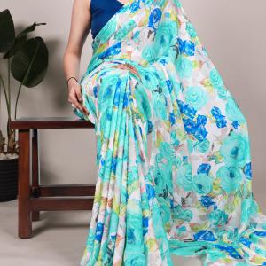 blue Dull Satin Floral Printed saree