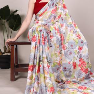 GRYE Dull Satin Floral Printed SAREE